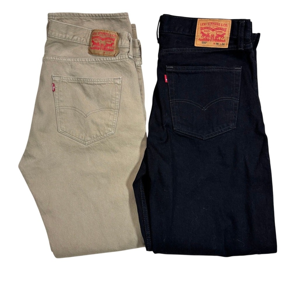 Levi Strauss Mens 550 Relaxed Fit Black Jeans and Tan Button Fly Pants 36x34 Lot